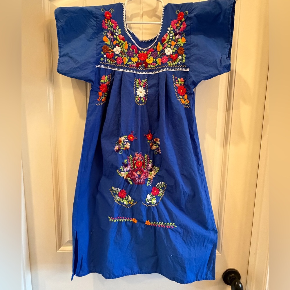 Blue Embroidered Girls' Dress - Floral Folk Style